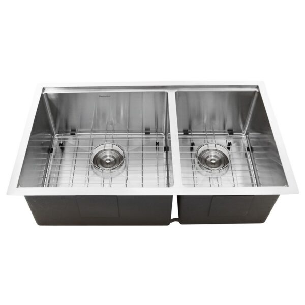 Nantucket SR-PS-3219-OS-16 Pro Series 60/40 Offset Double Bowl Prep Station Small Radius Undermount Stainless Sink with Accessories