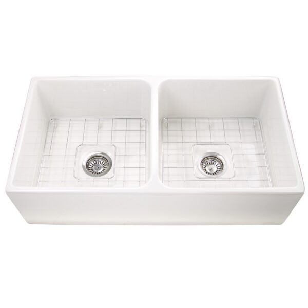 Nantucket Sinks T-FCFS36-DBL 36 Inch Double Bowl White Farmhouse Fireclay Kitchen Sink with Grids and Drains