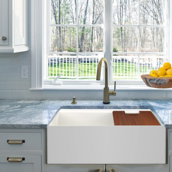 Nantucket Sinks T-PS30W 30 Inch Workstation Fireclay Apron Sink Side Drain in White