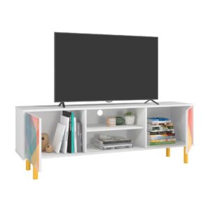 Manhattan Comfort Mid-Century Modern Retro 57.87 TV Stand with 4 Shelves in White and Multi Color Red, Yellow, Blue Print