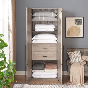 Manhattan Comfort Lee Modern Freestanding Wardrobe Closet 1.0 with 4 Shelves and 2 Drawers in Rustic Grey