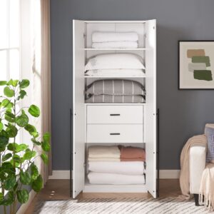 Manhattan Comfort Lee Modern Freestanding Wardrobe Closet 1.0 with 4 Shelves and 2 Drawers in White