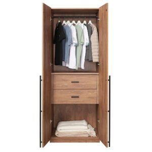 Manhattan Comfort Lee Modern Freestanding Wardrobe Closet 2.0 with 1 Hanging Rod, 1 Shelf, and 2 Drawers in Golden Brown