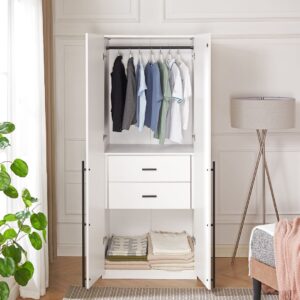 Manhattan Comfort Lee Modern Freestanding Wardrobe Closet 2.0 with 1 Hanging Rod, 1 Shelf, and 2 Drawers in White