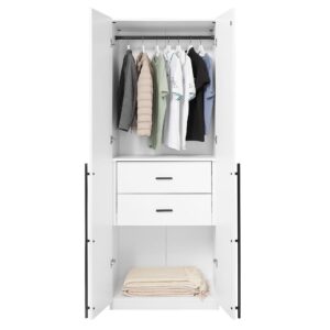 Manhattan Comfort Lee Modern Freestanding Wardrobe Closet 2.0 with 1 Hanging Rod, 1 Shelf, and 2 Drawers in White