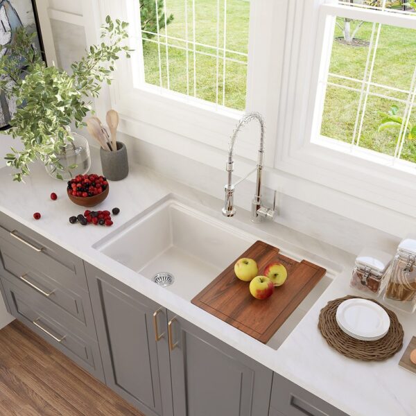 Nantucket Sinks Wellfleet-PS3320W Cape 33 Inch Fireclay Dual Mount Kitchen Sink with Drain and Cutting Board in White