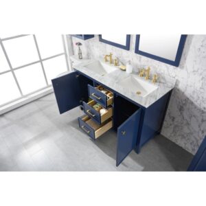 Legion Furniture WLF2154-B 54 Inch Blue Finish Double Sink Vanity Cabinet with Carrara White Top