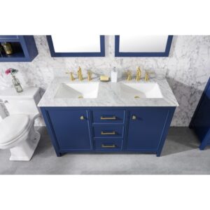 Legion Furniture WLF2154-B 54 Inch Blue Finish Double Sink Vanity Cabinet with Carrara White Top