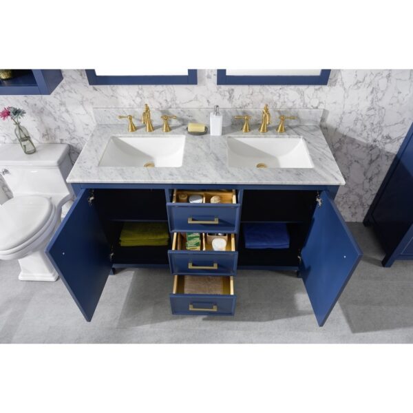 Legion Furniture WLF2154-B 54 Inch Blue Finish Double Sink Vanity Cabinet with Carrara White Top