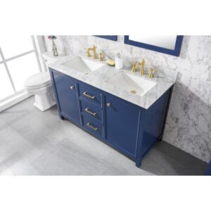 Legion Furniture WLF2154-B 54 Inch Blue Finish Double Sink Vanity Cabinet with Carrara White Top