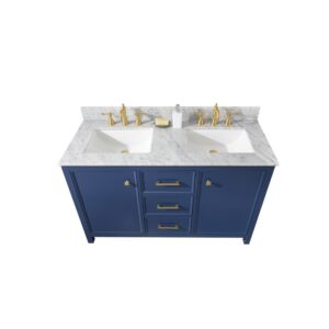 Legion Furniture WLF2154-B 54 Inch Blue Finish Double Sink Vanity Cabinet with Carrara White Top