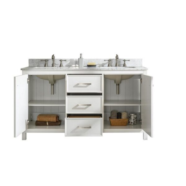 Legion Furniture WLF2160D-W 60 Inch White Finish Double Sink Vanity Cabinet with Carrara White Top