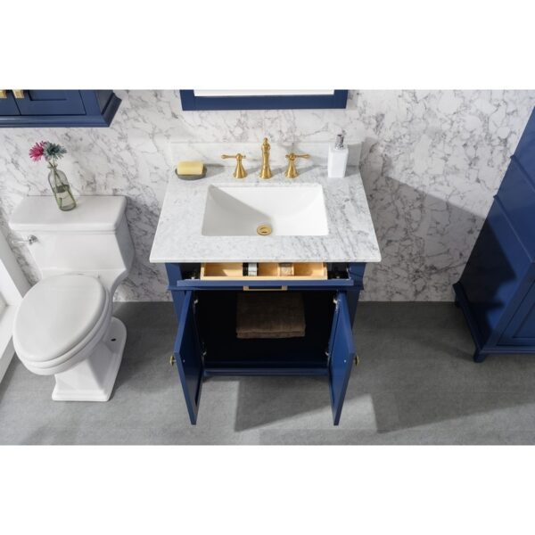 Legion Furniture WLF2230-B 30 Inch Blue Finish Sink Vanity Cabinet with Carrara White Top