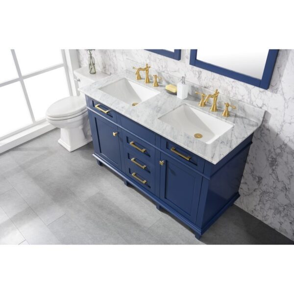 Legion Furniture WLF2254-B 54 Inch Blue Finish Double Sink Vanity Cabinet with Carrara White Top