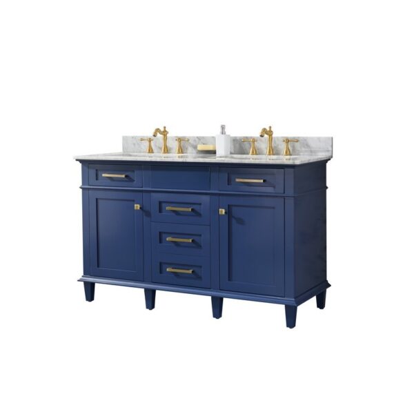 Legion Furniture WLF2254-B 54 Inch Blue Finish Double Sink Vanity Cabinet with Carrara White Top