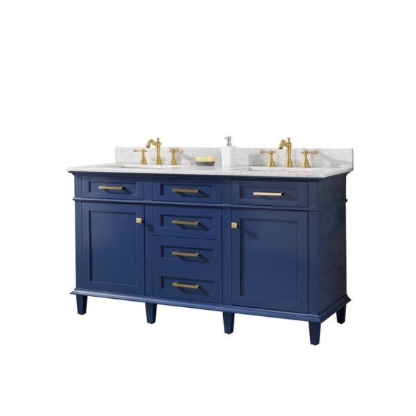 Legion Furniture WLF2260D-B 60 Inch Blue Finish Double Sink Vanity Cabinet with Carrara White Top