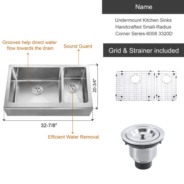 Dowell Undermount Kitchen Sinks Handcrafted Small-Radius Corner Series-6008 3320D